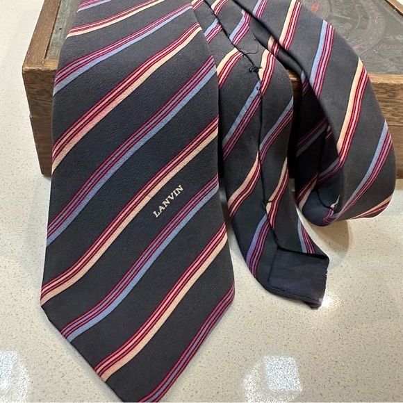 Lanvin Paris 100% silk men’s tie vintage striped motif navy/pink/red/purple - Picture 4 of 7